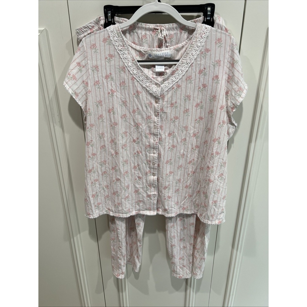 Classics By Eileen West 2 Piece Pajama Set Pink Floral Stripe Cottagecore